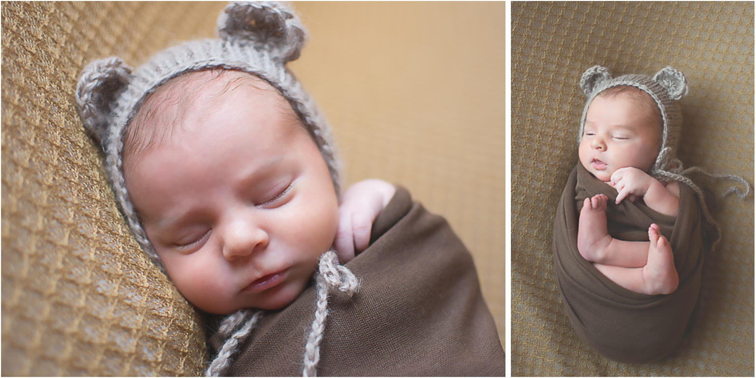Baby Elijah Williamsport PA Newborn Photographer baby boy neutral colors teddy bear bonnet and brown wrap in basket