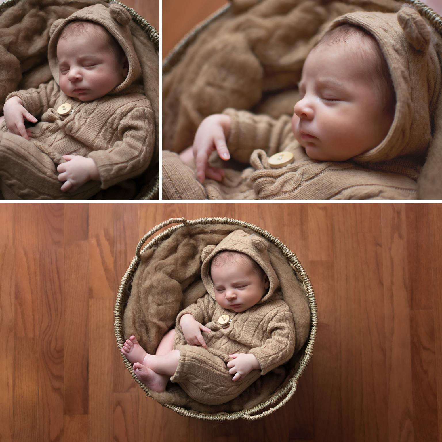 Baby Elijah Williamsport pa newborn photographer in home newborn session baby boy neutral colors bear connet baby in basket newborn outfit