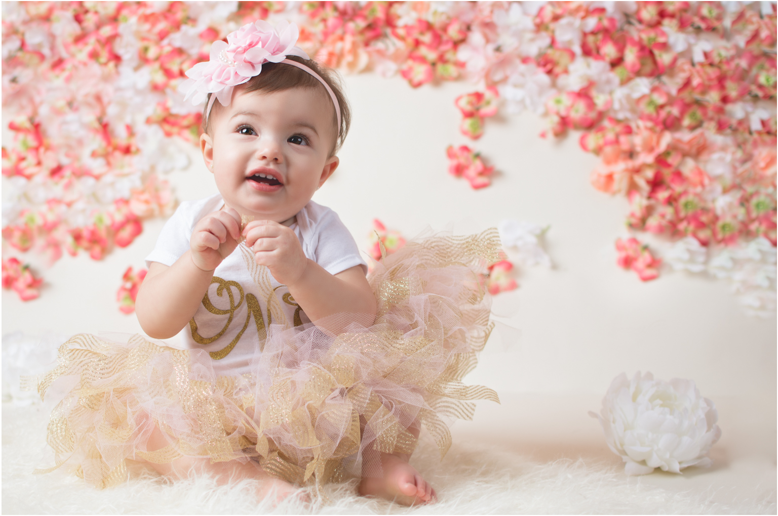 First Birthday Cake Smash pink floral backdrop tulle skirt