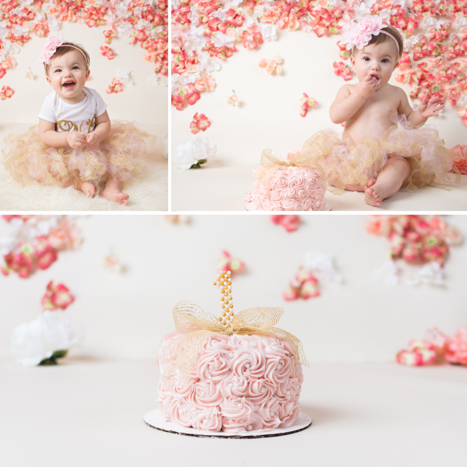 First Birthday Cake Smash pink floral backdrop tulle skirt cake frosting