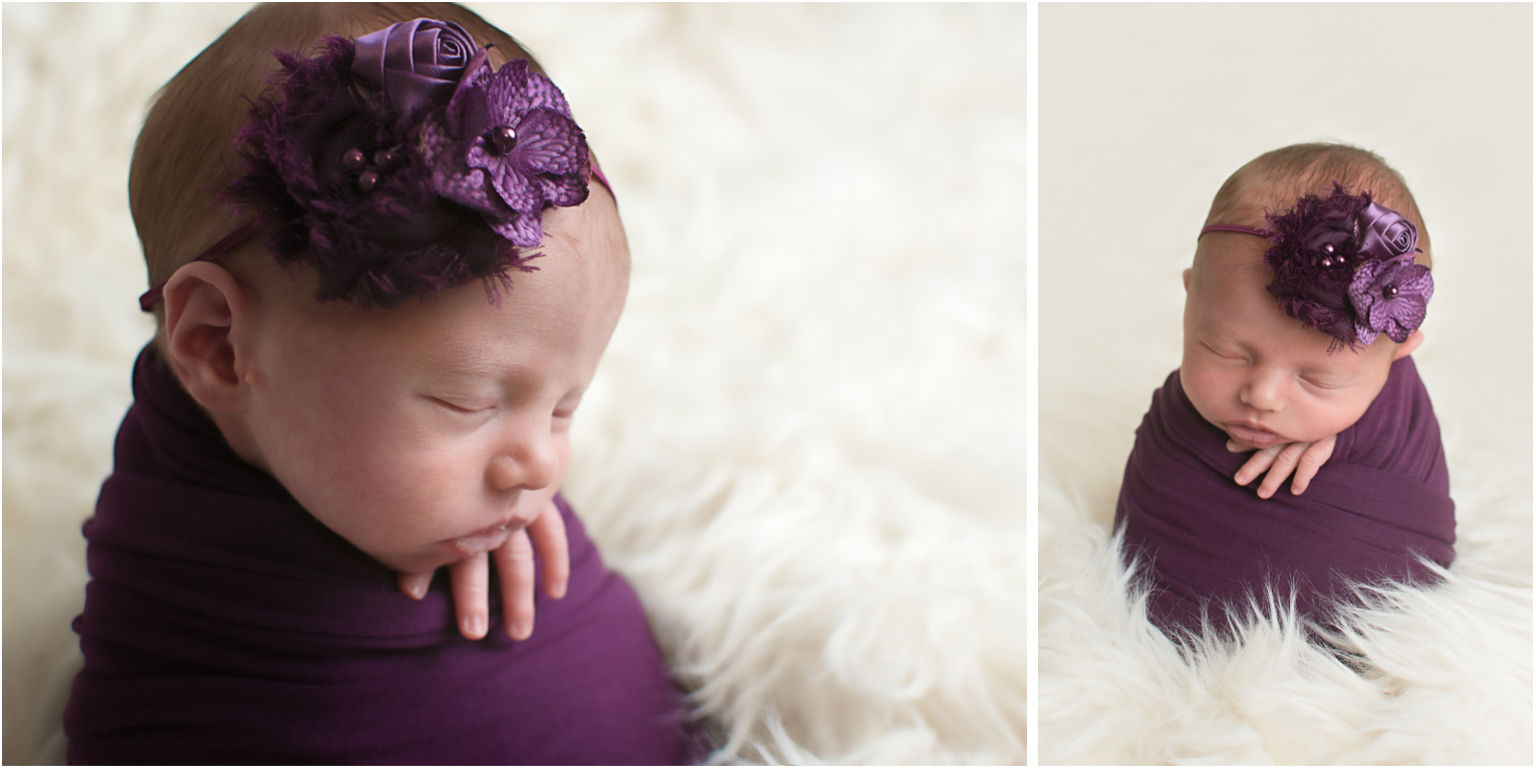 Juliann potato sack pose purple headband purple wrap in white wool fluff