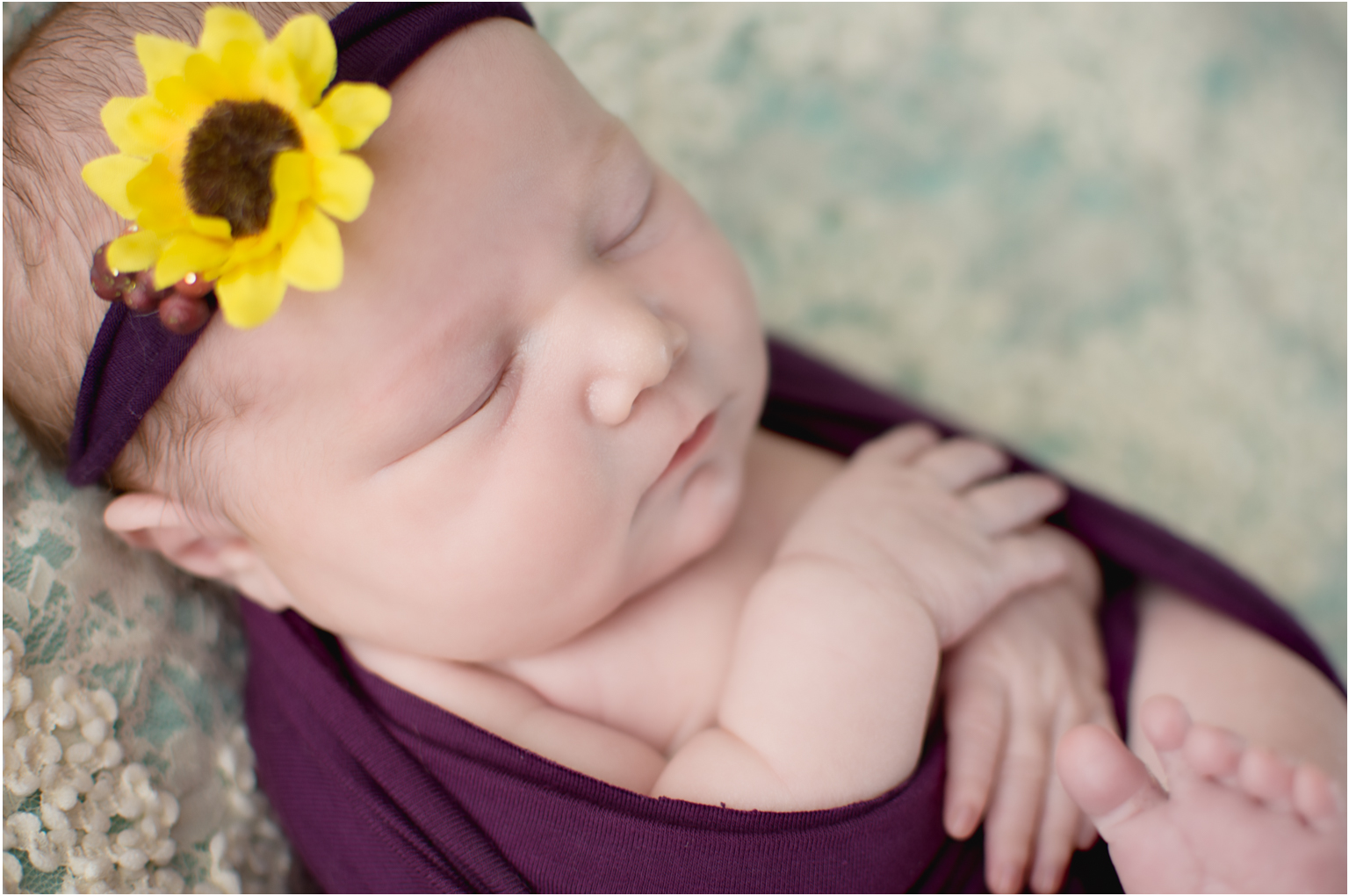 Baby Amia purple turquose wrap cheeks sunflower lace