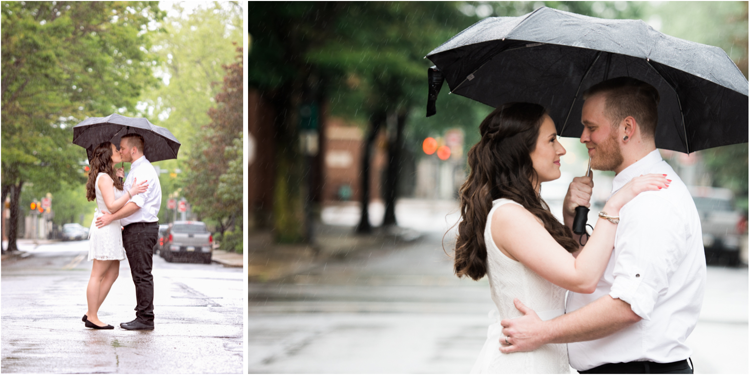Kathy and Arthur bridal wedding portraits williamsport downtown urban rain downpour umbrella