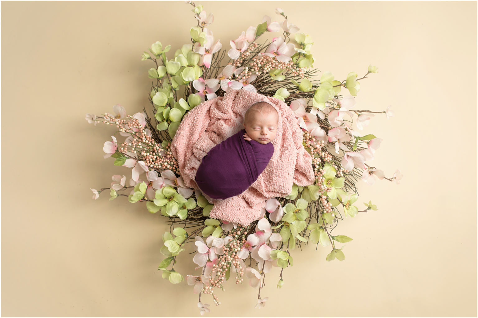 Juliann Pink and green floral wreath with purple wrap artwork