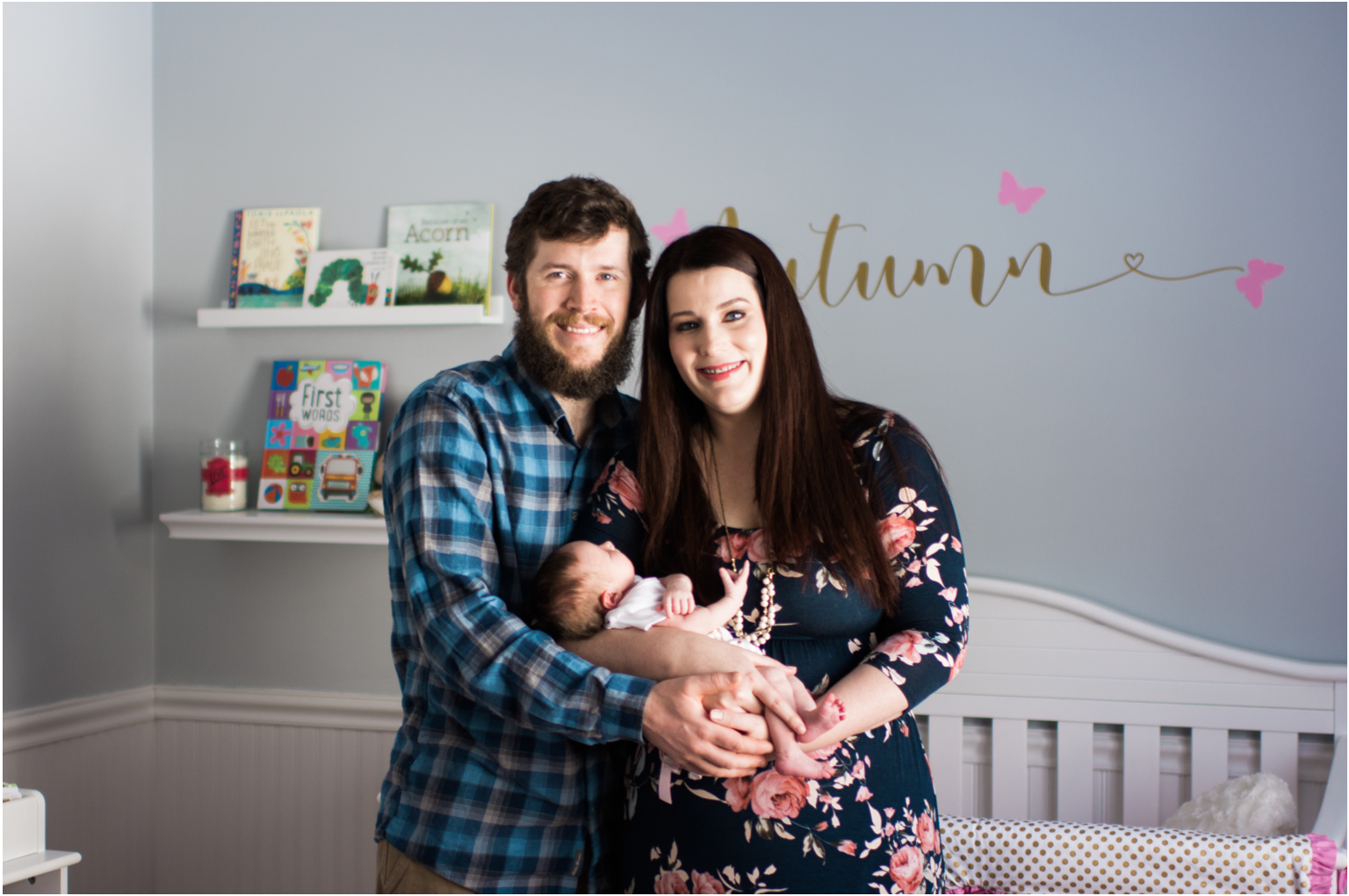 Williamsport PA Lifestyle newborn session posed girl pink family session script wall art