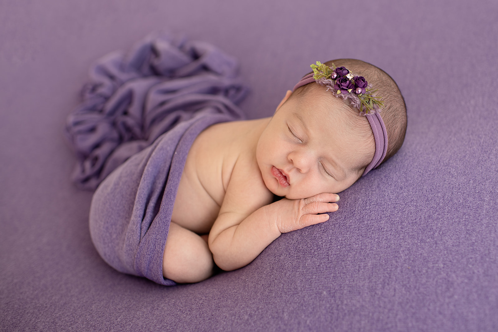 Williamsport PA Newborn Photography Baby Girl in Purple with floral headband